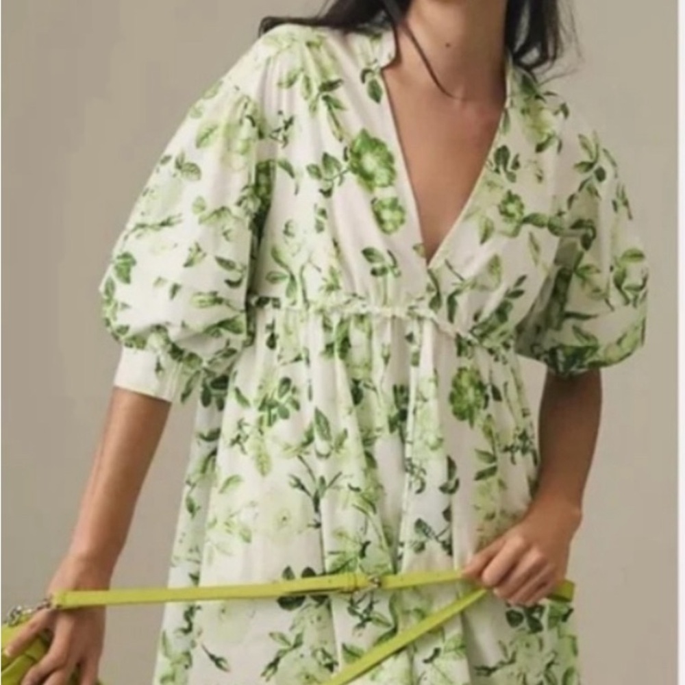 Anthropologie Floral Green and White Dress